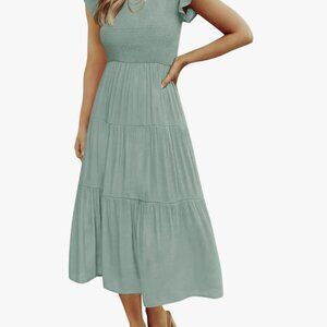 Zesica Casual Flutter Smocked Tiered Midi Dress | Sage Green | Size Small
